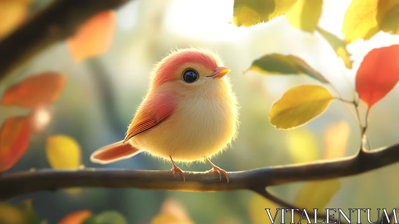 Adorable fluffy bird on branch in soft autumn sunlight, digital art.