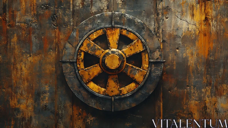 Rusty industrial metal wheel mounted on weathered steel wall.