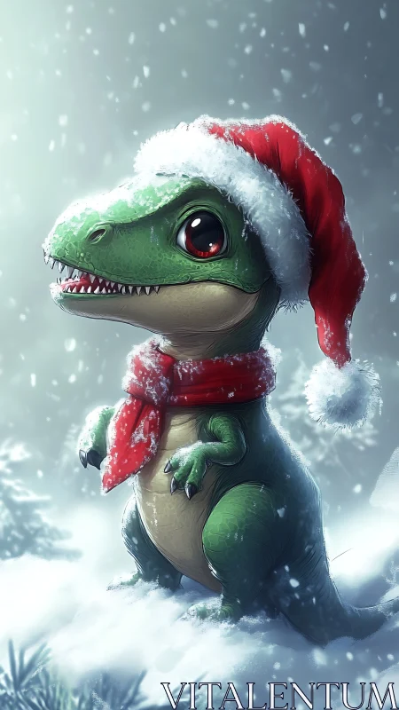Snowy baby dinosaur in festive Santa hat and scarf.