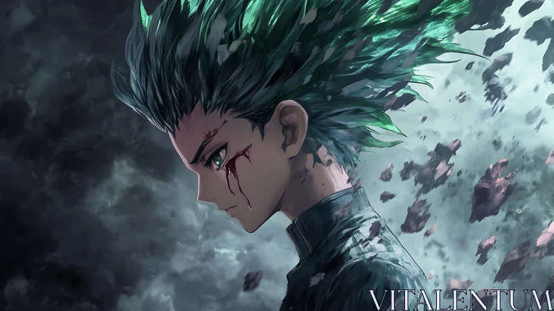 Brooding anime hero with emerald hair in storm of debris.