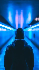 Midnight wanderer under electric blue tunnel glow.