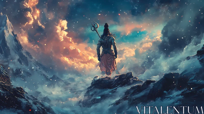 Mountain god surveys swirling clouds and starlit stormlight