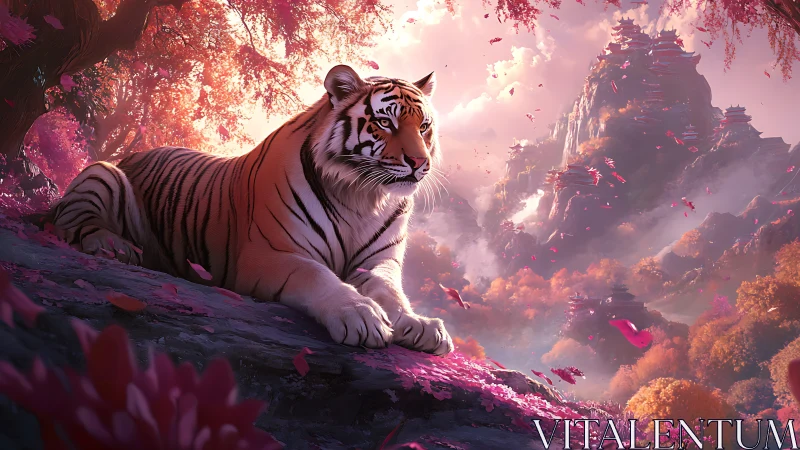 Majestic tiger rests amid luminous cherry valley temples