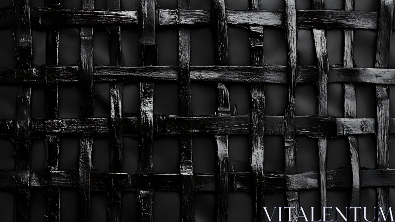 Closeup of glossy black woven strips on dark background.