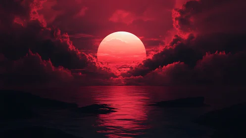 Crimson moonrise over calm ocean wrapped in dreamy clouds.