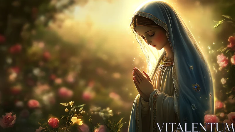 Gentle prayer in a sunlit rose garden of quiet wonder.