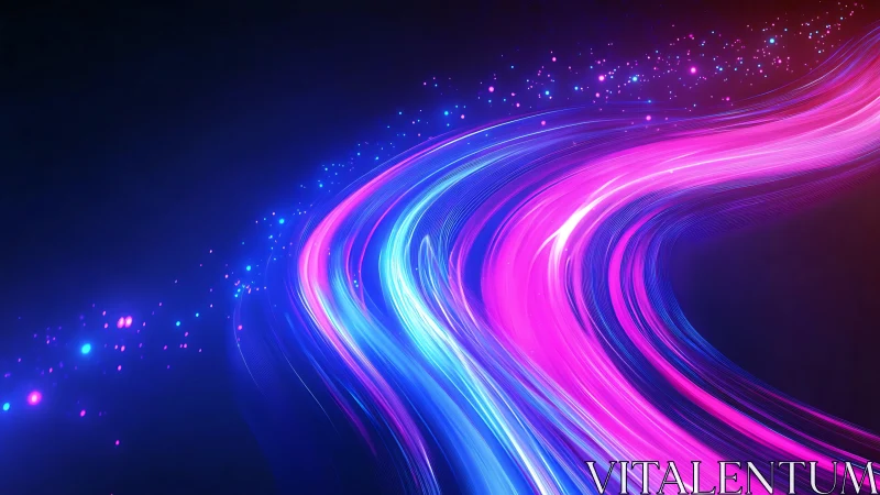 Neon pink and blue light trails curve over dark background.
