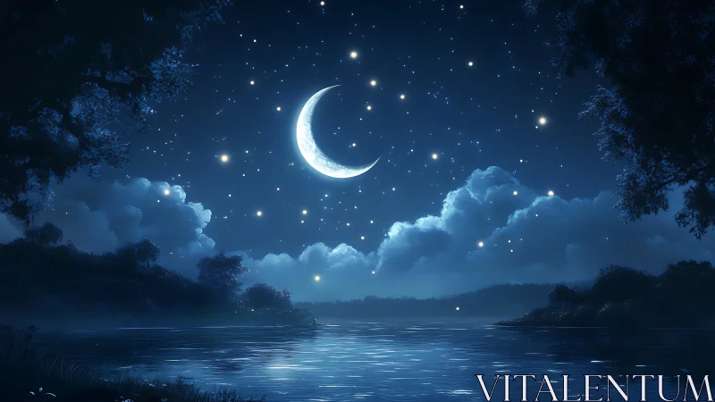 Crescent moon over reflective lake under starry night sky.