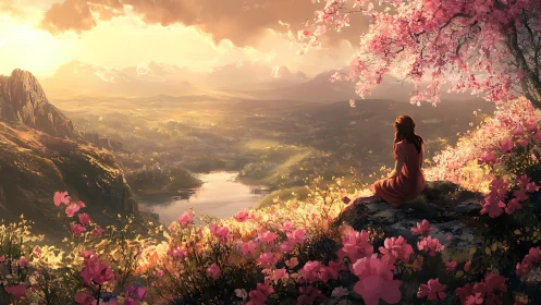 Solitary girl contemplates a golden valley in spring light