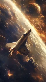 Sleek spacecraft ascending above clouded planet in light.