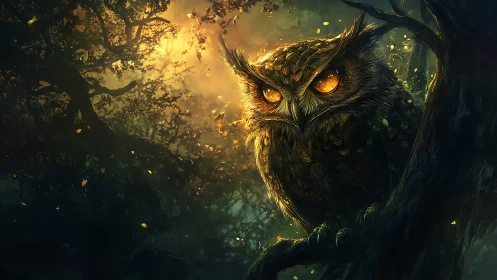 Owl occupies tree branch in dense forest under backlit glow