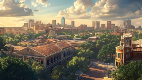Sunlit historic district overlooks modern urban skyline