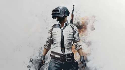 Battle royale hero strides forward through smoky fire