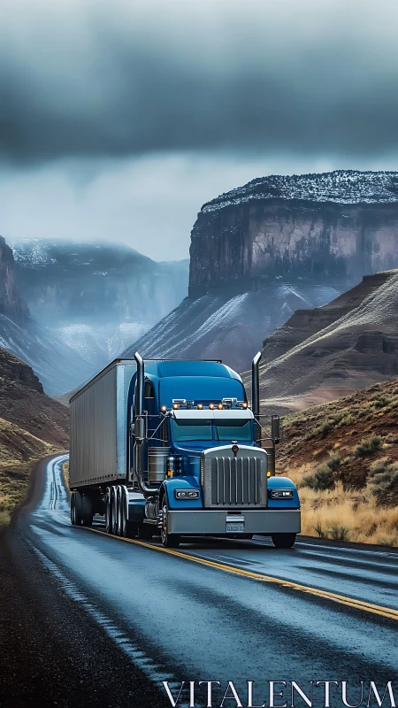 Aerodynamic blue semi-truck on wet two-lane highway in canyon