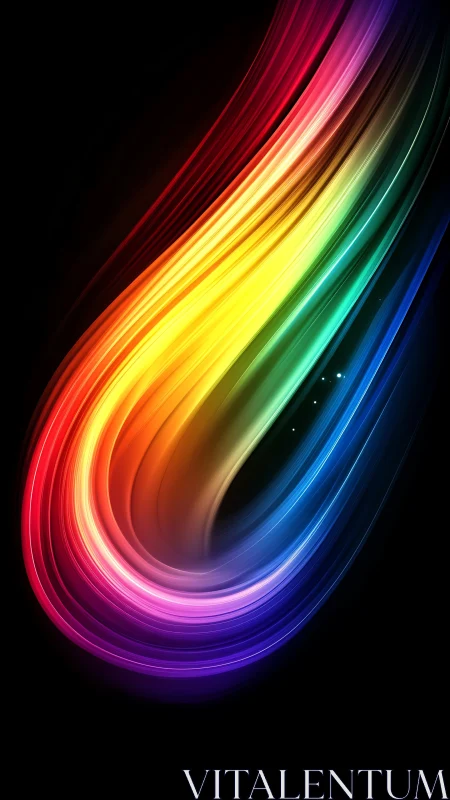 Curved rainbow light streak arcs across a black background