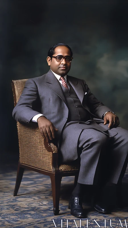 Formal seated portrait of suited gentleman in cane-backed chair