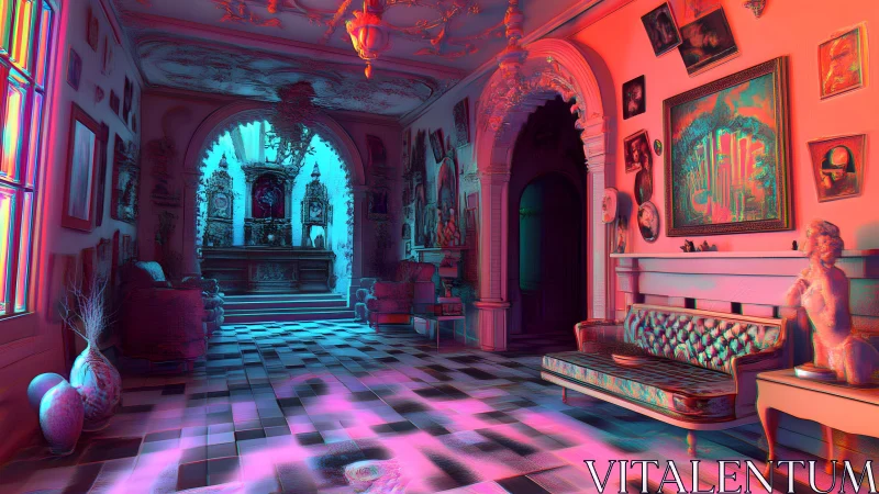 Surreal neon-lit vintage parlor with art deco decor and ornate arches.