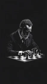 Elderly man in suit studying chessboard in darkness.