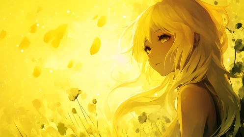 Backlit blonde anime girl in golden atmospheric bokeh field
