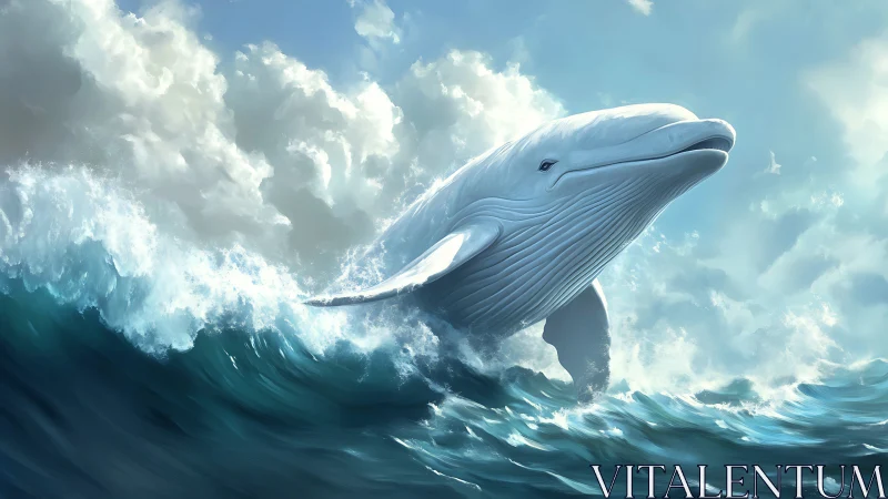 Luminescent white whale breaches dynamically through storm surf