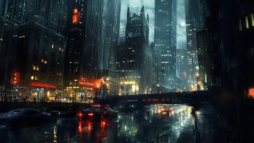 Rain soaked cyberpunk city with neon lights at night.