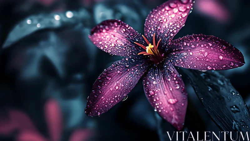 Purple Flower Petals Glistening with Morning Dewdrops.