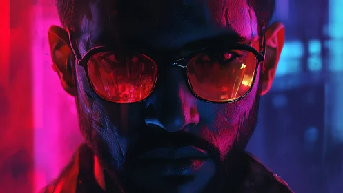 Neon-drenched gaze of a cyber nightwalker in burning chrome.