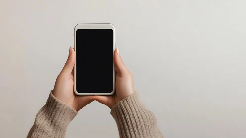 Hands Holding White Smartphone with Black Screen Display