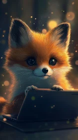 Fox sits behind laptop in warm bokeh forest light