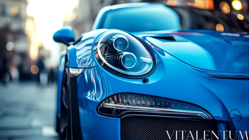 Photorealistic close-up of blue sports car front fascia design.