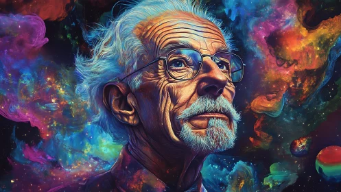 Stargazing elder contemplates colorful cosmic dreams