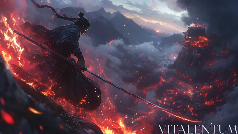 Samurai figure overlooks burning fortress in volcanic landscape