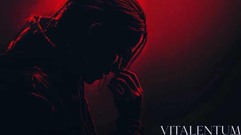 Solitary figure silhouette glows under stark red backlight.