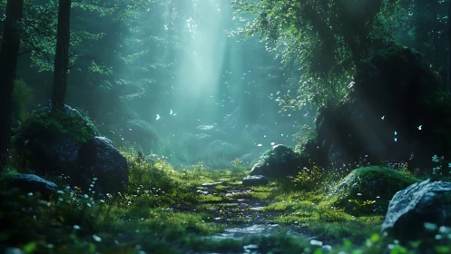 Forest ravine with filtered light penetration and stream flow.