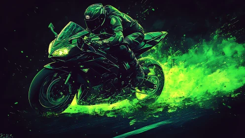 Neon green sportbike racer explodes through a dark digital storm
