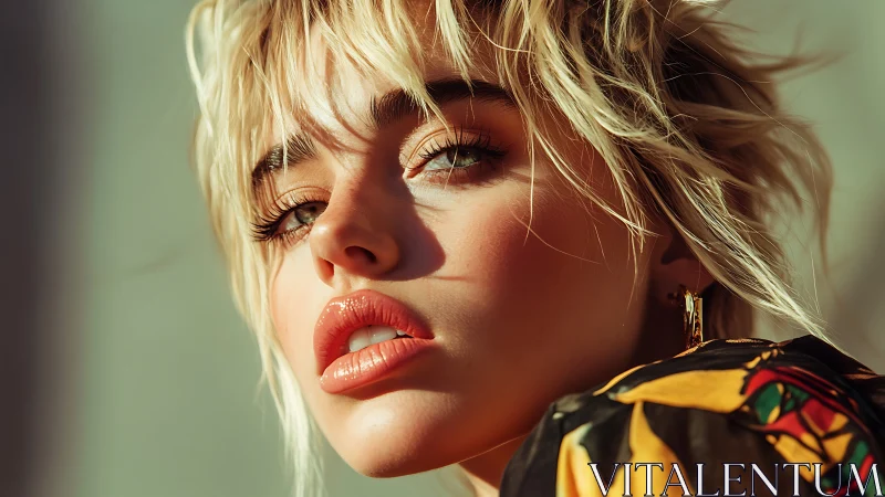 Sunlit gaze and tousled blonde hair in bold colors.