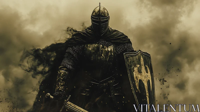 Dark armored knight emerges from swirling battle smoke