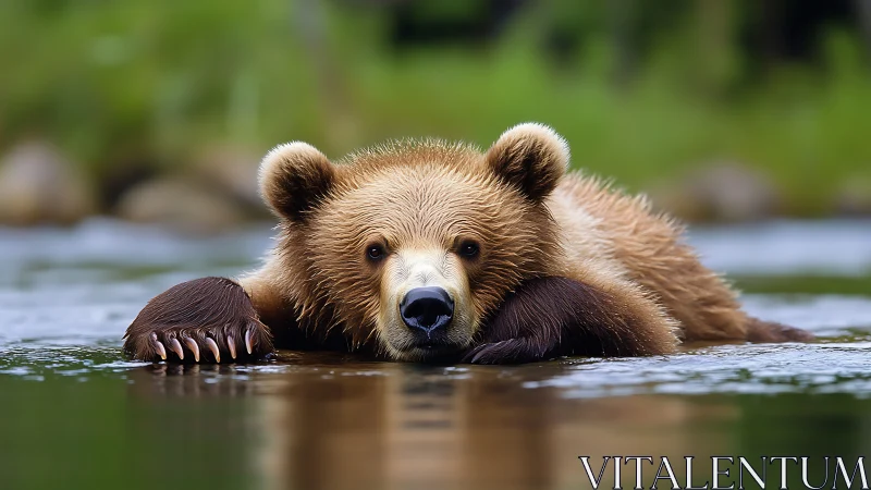 Gentle brown bear rests dreamily in a quiet forest river