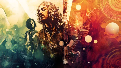 Psychedelic guitarist portraits in swirling light fields.