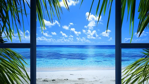 Framed tropical shoreline rendered in high-saturation digital realism
