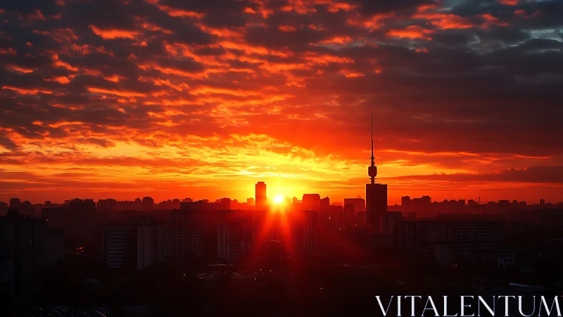 Urban skyline silhouette under intense red sunset glow.