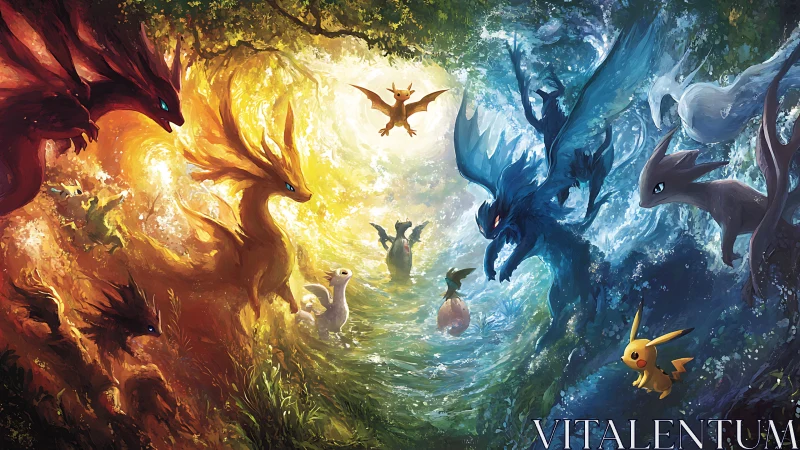 Elemental creatures collide in a swirling vortex of light and storm