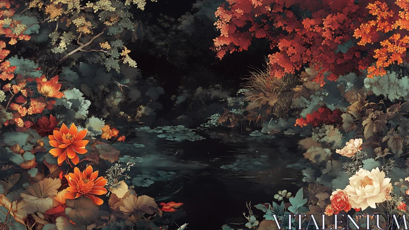 Luminous lilies frame secluded forest pond under autumn canopy