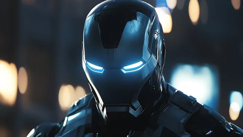 High-gloss armored helmet with emissive blue visor in low-key lighting