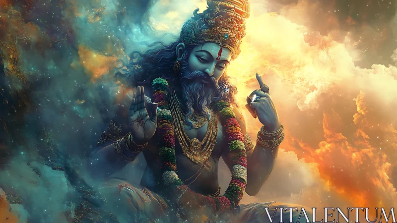 Divine bearded deity amid clouds in vivid digital art.
