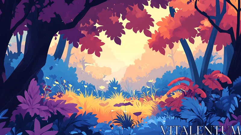 Twilight Forest Scene with Autumn Foliage and Luminous Sky