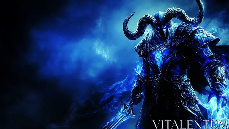 Armored demon warlord emerges from swirling blue energy veil