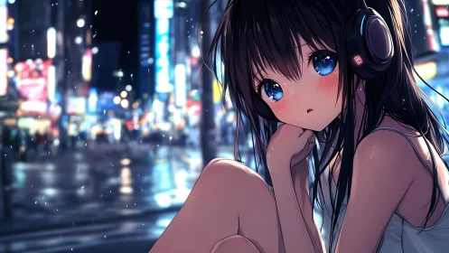 Melancholic anime girl with headphones in neon city rain