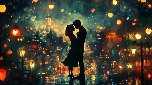 Love Under City Lights: A Romantic Rooftop Kiss.