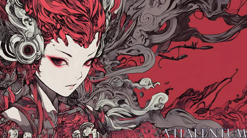 Red haired anime figure amid swirling abstract forms.